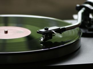 close up of a vinyl record on a turntable